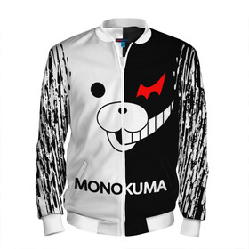 Мужской бомбер 3D с принтом MONOKUMA. в Белгороде, 100% полиэстер | застегивается на молнию, по бокам два кармана без застежек, по низу бомбера и на воротнике - эластичная резинка | anime | bear | black  white | danganronpa | kurokuma | monodam | monokuma | monomi | monotaro | pink | rabbit | school | shirokuma | аниме | главарь | мoноми | монокума | черно белый | школа