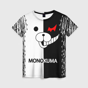 Женская футболка 3D с принтом MONOKUMA. в Белгороде, 100% полиэфир ( синтетическое хлопкоподобное полотно) | прямой крой, круглый вырез горловины, длина до линии бедер | anime | bear | black  white | danganronpa | kurokuma | monodam | monokuma | monomi | monotaro | pink | rabbit | school | shirokuma | аниме | главарь | мoноми | монокума | черно белый | школа