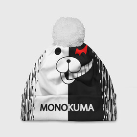 Шапка 3D c помпоном с принтом MONOKUMA. в Белгороде, 100% полиэстер | универсальный размер, печать по всей поверхности изделия | anime | bear | black  white | danganronpa | kurokuma | monodam | monokuma | monomi | monotaro | pink | rabbit | school | shirokuma | аниме | главарь | мoноми | монокума | черно белый | школа