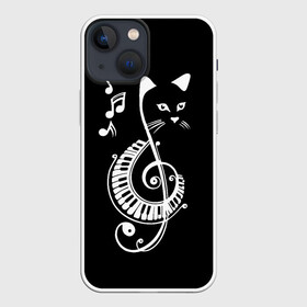 Чехол для iPhone 13 mini с принтом Музыкальный кот в Белгороде,  |  | background | black | cat | mus | music | musical | white | with | белый | игроман | кот | котик | котиков | котиком | котов | кошек | кошка | меломан | музыка | музыкальный | ноты | с белым | с котом | с нотами | фон | черный