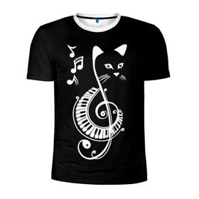 Мужская футболка 3D спортивная с принтом Музыкальный кот в Белгороде, 100% полиэстер с улучшенными характеристиками | приталенный силуэт, круглая горловина, широкие плечи, сужается к линии бедра | Тематика изображения на принте: background | black | cat | mus | music | musical | white | with | белый | игроман | кот | котик | котиков | котиком | котов | кошек | кошка | меломан | музыка | музыкальный | ноты | с белым | с котом | с нотами | фон | черный