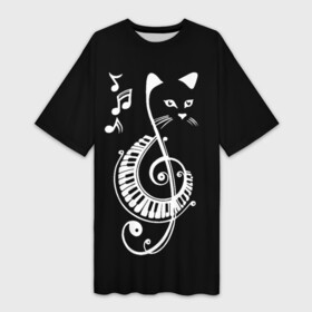 Платье-футболка 3D с принтом Музыкальный кот в Белгороде,  |  | background | black | cat | mus | music | musical | white | with | белый | игроман | кот | котик | котиков | котиком | котов | кошек | кошка | меломан | музыка | музыкальный | ноты | с белым | с котом | с нотами | фон | черный