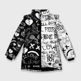 Зимняя куртка для девочек 3D с принтом LIL PEEP LOGOBOMBING в Белгороде, ткань верха — 100% полиэстер; подклад — 100% полиэстер, утеплитель — 100% полиэстер. | длина ниже бедра, удлиненная спинка, воротник стойка и отстегивающийся капюшон. Есть боковые карманы с листочкой на кнопках, утяжки по низу изделия и внутренний карман на молнии. 

Предусмотрены светоотражающий принт на спинке, радужный светоотражающий элемент на пуллере молнии и на резинке для утяжки. | Тематика изображения на принте: lil peep | lil prince | pink | зарубежная музыка | лил пип | маленький принц