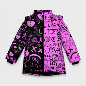 Зимняя куртка для девочек 3D с принтом LIL PEEP LOGOBOMBING BLACK PINK в Белгороде, ткань верха — 100% полиэстер; подклад — 100% полиэстер, утеплитель — 100% полиэстер. | длина ниже бедра, удлиненная спинка, воротник стойка и отстегивающийся капюшон. Есть боковые карманы с листочкой на кнопках, утяжки по низу изделия и внутренний карман на молнии. 

Предусмотрены светоотражающий принт на спинке, радужный светоотражающий элемент на пуллере молнии и на резинке для утяжки. | Тематика изображения на принте: lil peep | lil prince | pink | зарубежная музыка | лил пип | маленький принц