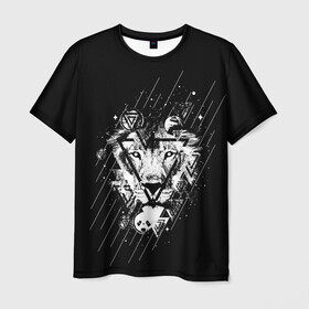 Мужская футболка 3D с принтом Лев  в Белгороде, 100% полиэфир | прямой крой, круглый вырез горловины, длина до линии бедер | leon | геометрия | женская толстовка | женская футболка со львом | животные | лев | мужская футболка со львом | треугольники | черная толстовка | черная футболка