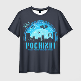 Мужская футболка 3D с принтом Pochinki в Белгороде, 100% полиэфир | прямой крой, круглый вырез горловины, длина до линии бедер | asia | battle | chicken | dinner | duo | epic | guide | lucky | map | miramar | mobile | mortal | pro | royale | solo | winner | битва | лут | пабг | пубг | стрим | топ