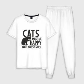 Мужская пижама хлопок с принтом Коты делают меня счастливым в Белгороде, 100% хлопок | брюки и футболка прямого кроя, без карманов, на брюках мягкая резинка на поясе и по низу штанин
 | Тематика изображения на принте: animal | cat | cute | kitty | meow | друг | животные | киска | китти | кот | котенок | котик | кошечка | кошка | лев | леопард | милый | мур | мяу | пантера | питомец | рысь | тигр | улыбка