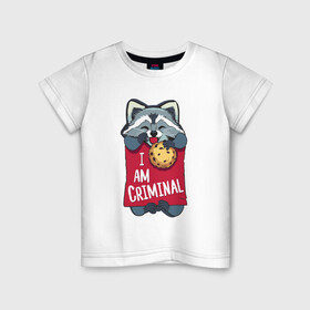 Детская футболка хлопок с принтом очаровательный воришка в Белгороде, 100% хлопок | круглый вырез горловины, полуприлегающий силуэт, длина до линии бедер | воришка | енот | енотик | животное | животные | забавный | милый | мультяшный | няшный | очаровательный | печенье | печеньки | смешной
