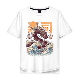 Мужская футболка хлопок Oversize с принтом Суши-зила, Китайский дракон в Белгороде, 100% хлопок | свободный крой, круглый ворот, “спинка” длиннее передней части | 