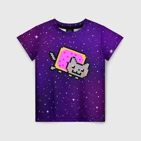 Детская футболка 3D с принтом Nyan Cat в Белгороде, 100% гипоаллергенный полиэфир | прямой крой, круглый вырез горловины, длина до линии бедер, чуть спущенное плечо, ткань немного тянется | Тематика изображения на принте: cat | meme | nyan cat | space | youtube | животное | звезды | интернет | космос | кошка | мем | прикол | радуга | юмор | ютуб