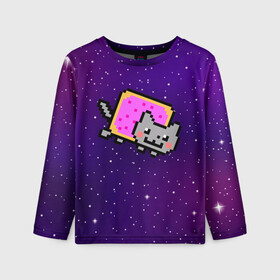 Детский лонгслив 3D с принтом Nyan Cat в Белгороде, 100% полиэстер | длинные рукава, круглый вырез горловины, полуприлегающий силуэт
 | Тематика изображения на принте: cat | meme | nyan cat | space | youtube | животное | звезды | интернет | космос | кошка | мем | прикол | радуга | юмор | ютуб
