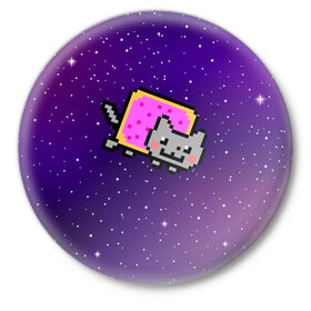 Значок с принтом Nyan Cat в Белгороде,  металл | круглая форма, металлическая застежка в виде булавки | cat | meme | nyan cat | space | youtube | животное | звезды | интернет | космос | кошка | мем | прикол | радуга | юмор | ютуб