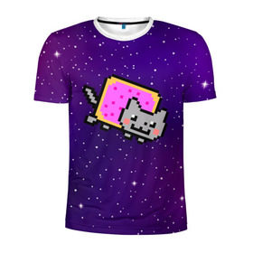 Мужская футболка 3D спортивная с принтом Nyan Cat в Белгороде, 100% полиэстер с улучшенными характеристиками | приталенный силуэт, круглая горловина, широкие плечи, сужается к линии бедра | cat | meme | nyan cat | space | youtube | животное | звезды | интернет | космос | кошка | мем | прикол | радуга | юмор | ютуб