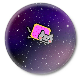 Значок с принтом Nyan Cat в Белгороде,  металл | круглая форма, металлическая застежка в виде булавки | cat | meme | nyan cat | space | youtube | животное | звезды | интернет | космос | кошка | мем | прикол | радуга | юмор | ютуб