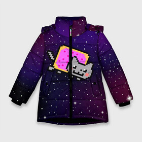 Зимняя куртка для девочек 3D с принтом Nyan Cat в Белгороде, ткань верха — 100% полиэстер; подклад — 100% полиэстер, утеплитель — 100% полиэстер. | длина ниже бедра, удлиненная спинка, воротник стойка и отстегивающийся капюшон. Есть боковые карманы с листочкой на кнопках, утяжки по низу изделия и внутренний карман на молнии. 

Предусмотрены светоотражающий принт на спинке, радужный светоотражающий элемент на пуллере молнии и на резинке для утяжки. | Тематика изображения на принте: cat | meme | nyan cat | space | youtube | животное | звезды | интернет | космос | кошка | мем | прикол | радуга | юмор | ютуб