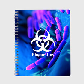 Тетрадь с принтом PLAGUE INC в Белгороде, 100% бумага | 48 листов, плотность листов — 60 г/м2, плотность картонной обложки — 250 г/м2. Листы скреплены сбоку удобной пружинной спиралью. Уголки страниц и обложки скругленные. Цвет линий — светло-серый
 | Тематика изображения на принте: molecule | plague inc | абстракция | бактерии | вирус | клетки | медицина | микробы | молекулы | наука | нейрон | нейроны | планета | текстура | текстуры | формула