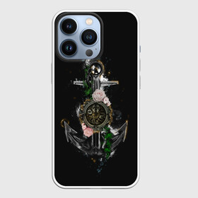 Чехол для iPhone 13 Pro с принтом якорь с компасом и цветами в Белгороде,  |  | компас | моряк | розы | темный принт | цветы | якорь