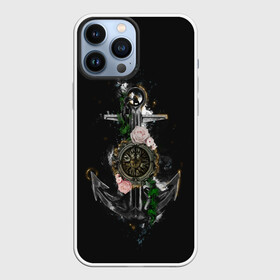 Чехол для iPhone 13 Pro Max с принтом якорь с компасом и цветами в Белгороде,  |  | компас | моряк | розы | темный принт | цветы | якорь
