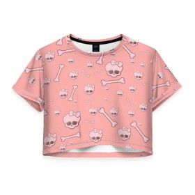 Женская футболка Crop-top 3D с принтом Cute bones в Белгороде, 100% полиэстер | круглая горловина, длина футболки до линии талии, рукава с отворотами | Тематика изображения на принте: bone | pink | pink skull | skeleton | skull | кости | розовый | череп