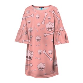 Детское платье 3D с принтом Cute bones в Белгороде, 100% полиэстер | прямой силуэт, чуть расширенный к низу. Круглая горловина, на рукавах — воланы | bone | pink | pink skull | skeleton | skull | кости | розовый | череп
