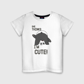 Детская футболка хлопок с принтом She thinks в Белгороде, 100% хлопок | круглый вырез горловины, полуприлегающий силуэт, длина до линии бедер | grizzly | ice bear | panda | the three bare bears | vdzajul | we bare bears | белый | вся правда о медведях | гризли | панда | правда