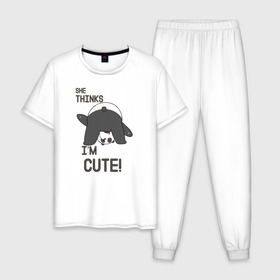 Мужская пижама хлопок с принтом She thinks в Белгороде, 100% хлопок | брюки и футболка прямого кроя, без карманов, на брюках мягкая резинка на поясе и по низу штанин
 | grizzly | ice bear | panda | the three bare bears | vdzajul | we bare bears | белый | вся правда о медведях | гризли | панда | правда