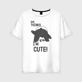 Женская футболка хлопок Oversize с принтом She thinks в Белгороде, 100% хлопок | свободный крой, круглый ворот, спущенный рукав, длина до линии бедер
 | grizzly | ice bear | panda | the three bare bears | vdzajul | we bare bears | белый | вся правда о медведях | гризли | панда | правда