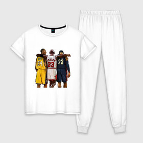 Женская пижама хлопок с принтом Bryant Jordan James в Белгороде, 100% хлопок | брюки и футболка прямого кроя, без карманов, на брюках мягкая резинка на поясе и по низу штанин | basketball | black | bryant | bulls | chicago | game | james | jordan | kobe | lakers | lebron | los angeles | mamba | nba | rip | slam dunk | t | баскетбол | баскетболист | брайант | браянт | джеймс | джордан | игрок | коби | леброн | лейкерс |