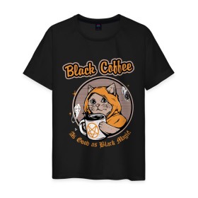 Мужская футболка хлопок с принтом Black Coffee Cat в Белгороде, 100% хлопок | прямой крой, круглый вырез горловины, длина до линии бедер, слегка спущенное плечо. | cat | cats | coffee | kitty | magic | prints | картинки | кот | котики | коты | котэ | котята | кофе | кошки | магия | майки | мем | мода | прикол | принты | стиль | тренд | футболки | яркие | яркость