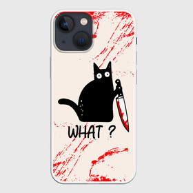 Чехол для iPhone 13 mini с принтом What cat в Белгороде,  |  | Тематика изображения на принте: cat | kitten | knife | what | вопрос | киса | кот | котёнок | кошак | кошка | кровь | нож | удивление | что