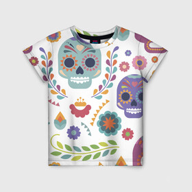 Детская футболка 3D с принтом Мексиканские мотивы в Белгороде, 100% гипоаллергенный полиэфир | прямой крой, круглый вырез горловины, длина до линии бедер, чуть спущенное плечо, ткань немного тянется | день мёртвых. череп | мексика | мексиканский | мексиканское | цветок | цветы | черепа