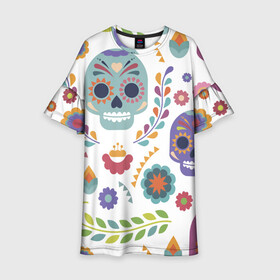 Детское платье 3D с принтом Мексиканские мотивы в Белгороде, 100% полиэстер | прямой силуэт, чуть расширенный к низу. Круглая горловина, на рукавах — воланы | Тематика изображения на принте: день мёртвых. череп | мексика | мексиканский | мексиканское | цветок | цветы | черепа