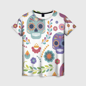 Женская футболка 3D с принтом Мексиканские мотивы в Белгороде, 100% полиэфир ( синтетическое хлопкоподобное полотно) | прямой крой, круглый вырез горловины, длина до линии бедер | Тематика изображения на принте: день мёртвых. череп | мексика | мексиканский | мексиканское | цветок | цветы | черепа
