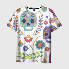 Мужская футболка 3D с принтом Мексиканские мотивы в Белгороде, 100% полиэфир | прямой крой, круглый вырез горловины, длина до линии бедер | Тематика изображения на принте: день мёртвых. череп | мексика | мексиканский | мексиканское | цветок | цветы | черепа