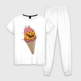 Женская пижама хлопок с принтом Pumpkin IceCream в Белгороде, 100% хлопок | брюки и футболка прямого кроя, без карманов, на брюках мягкая резинка на поясе и по низу штанин | helloween | ice cream | icecream | pumpkin | глаз | глазурь | еда | крем | мороженое | рожок | тыква | улыбка