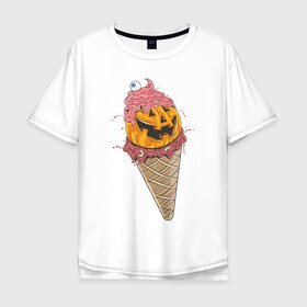 Мужская футболка хлопок Oversize с принтом Pumpkin IceCream в Белгороде, 100% хлопок | свободный крой, круглый ворот, “спинка” длиннее передней части | Тематика изображения на принте: helloween | ice cream | icecream | pumpkin | глаз | глазурь | еда | крем | мороженое | рожок | тыква | улыбка