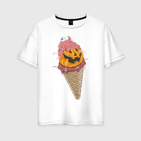 Женская футболка хлопок Oversize с принтом Pumpkin IceCream в Белгороде, 100% хлопок | свободный крой, круглый ворот, спущенный рукав, длина до линии бедер
 | Тематика изображения на принте: helloween | ice cream | icecream | pumpkin | глаз | глазурь | еда | крем | мороженое | рожок | тыква | улыбка