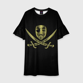 Детское платье 3D с принтом Анонимус Пират в Белгороде, 100% полиэстер | прямой силуэт, чуть расширенный к низу. Круглая горловина, на рукавах — воланы | anonymous | v   значит вендетта | анонимус | анонимусы | вендетта | гай фокс | гая фокса | женскую | купить | маска | маска v | мужскую | пират | пирата | с анонимусом | с маской | с пиратом | хакер | хактивизм