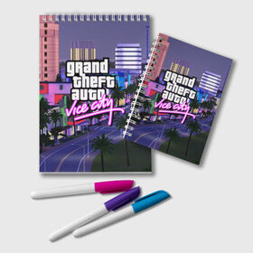 Блокнот с принтом Grand Theft Auto Vice City в Белгороде, 100% бумага | 48 листов, плотность листов — 60 г/м2, плотность картонной обложки — 250 г/м2. Листы скреплены удобной пружинной спиралью. Цвет линий — светло-серый
 | grand theft auto 2 | grand theft auto 3 | grand theft auto v | grand theft auto: san andreas | grand theft auto: vice city | gta 1 | gta 2 | gta 3 | gta 4 | gta 5 | gta online | gta v | город | игры