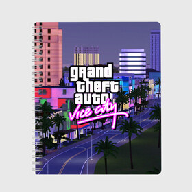 Тетрадь с принтом Grand Theft Auto Vice City в Белгороде, 100% бумага | 48 листов, плотность листов — 60 г/м2, плотность картонной обложки — 250 г/м2. Листы скреплены сбоку удобной пружинной спиралью. Уголки страниц и обложки скругленные. Цвет линий — светло-серый
 | grand theft auto 2 | grand theft auto 3 | grand theft auto v | grand theft auto: san andreas | grand theft auto: vice city | gta 1 | gta 2 | gta 3 | gta 4 | gta 5 | gta online | gta v | город | игры