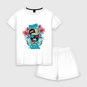 Женская пижама с шортиками хлопок с принтом That Cool в Белгороде, 100% хлопок | футболка прямого кроя, шорты свободные с широкой мягкой резинкой | cool | skull | арт | через