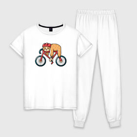 Женская пижама хлопок с принтом Ленивец в Белгороде, 100% хлопок | брюки и футболка прямого кроя, без карманов, на брюках мягкая резинка на поясе и по низу штанин | bike | lazy | sloth | велосипед | ленивец | ленивцы | лень