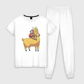 Женская пижама хлопок с принтом Ленивец и лама в Белгороде, 100% хлопок | брюки и футболка прямого кроя, без карманов, на брюках мягкая резинка на поясе и по низу штанин | llama | sloth | лама | ламы | ленивец | ленивцы