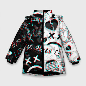 Зимняя куртка для девочек 3D с принтом LIL PEEP GLITCH в Белгороде, ткань верха — 100% полиэстер; подклад — 100% полиэстер, утеплитель — 100% полиэстер. | длина ниже бедра, удлиненная спинка, воротник стойка и отстегивающийся капюшон. Есть боковые карманы с листочкой на кнопках, утяжки по низу изделия и внутренний карман на молнии. 

Предусмотрены светоотражающий принт на спинке, радужный светоотражающий элемент на пуллере молнии и на резинке для утяжки. | Тематика изображения на принте: cry dead smile | crybaby | glitch | lil peep | lil prince | pink | глитч | зарубежная музыка | лил пип | маленький принц