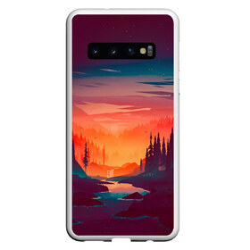 Чехол для Samsung Galaxy S10 с принтом Minimal forest sunset в Белгороде, Силикон | Область печати: задняя сторона чехла, без боковых панелей | Тематика изображения на принте: forest | light | minimal | mountain | orange | purple | stone | sunset | water | вода | горы | закат | минимализм | оранжевый | фиолетовый