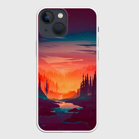 Чехол для iPhone 13 mini с принтом Minimal forest sunset в Белгороде,  |  | forest | light | minimal | mountain | orange | purple | stone | sunset | water | вода | горы | закат | минимализм | оранжевый | фиолетовый