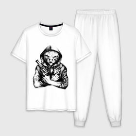 Мужская пижама хлопок с принтом Кот гангстер в Белгороде, 100% хлопок | брюки и футболка прямого кроя, без карманов, на брюках мягкая резинка на поясе и по низу штанин
 | 