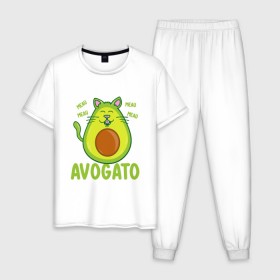 Мужская пижама хлопок с принтом AVOGATO в Белгороде, 100% хлопок | брюки и футболка прямого кроя, без карманов, на брюках мягкая резинка на поясе и по низу штанин
 | Тематика изображения на принте: avocado | avocato | avogato | cat | cats | авокадо | авокато | авокот | картинка | картинки | кот | коте | котэ | прикольная | прикольные