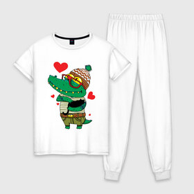 Женская пижама хлопок с принтом Модный крокодил в Белгороде, 100% хлопок | брюки и футболка прямого кроя, без карманов, на брюках мягкая резинка на поясе и по низу штанин | крокодил | мода | стиль | хипстер | юмор
