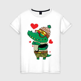 Женская футболка хлопок с принтом Модный крокодил в Белгороде, 100% хлопок | прямой крой, круглый вырез горловины, длина до линии бедер, слегка спущенное плечо | крокодил | мода | стиль | хипстер | юмор